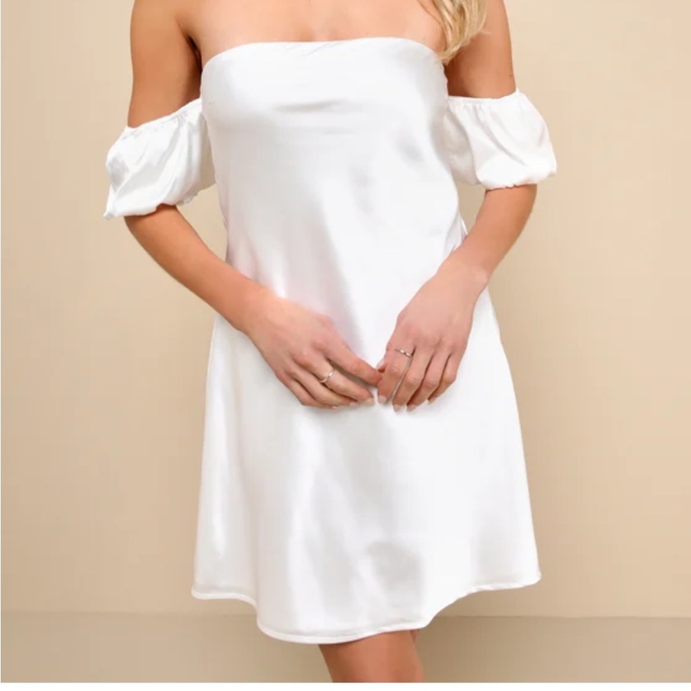 NWT Lulus “Sensational Feeling White Satin Off-the-Shoulder Mini Dress”